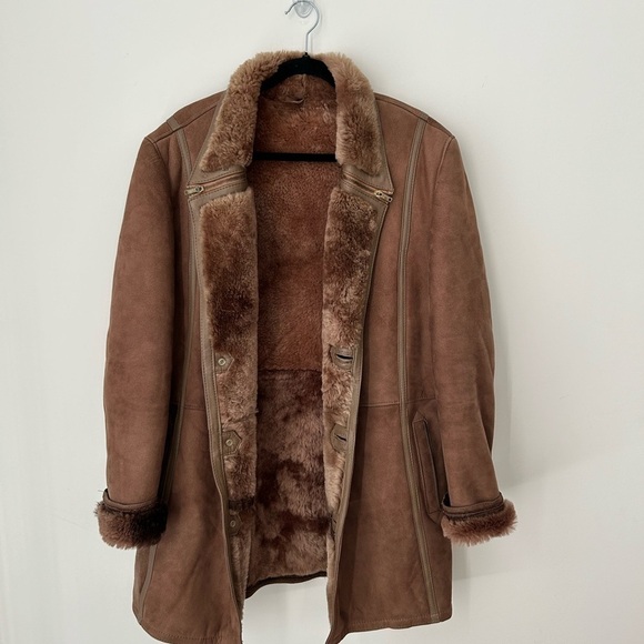COPY - Vintage Sheepskin Coat W/ Leather Trim Tan inside shearling - Picture 3 of 13